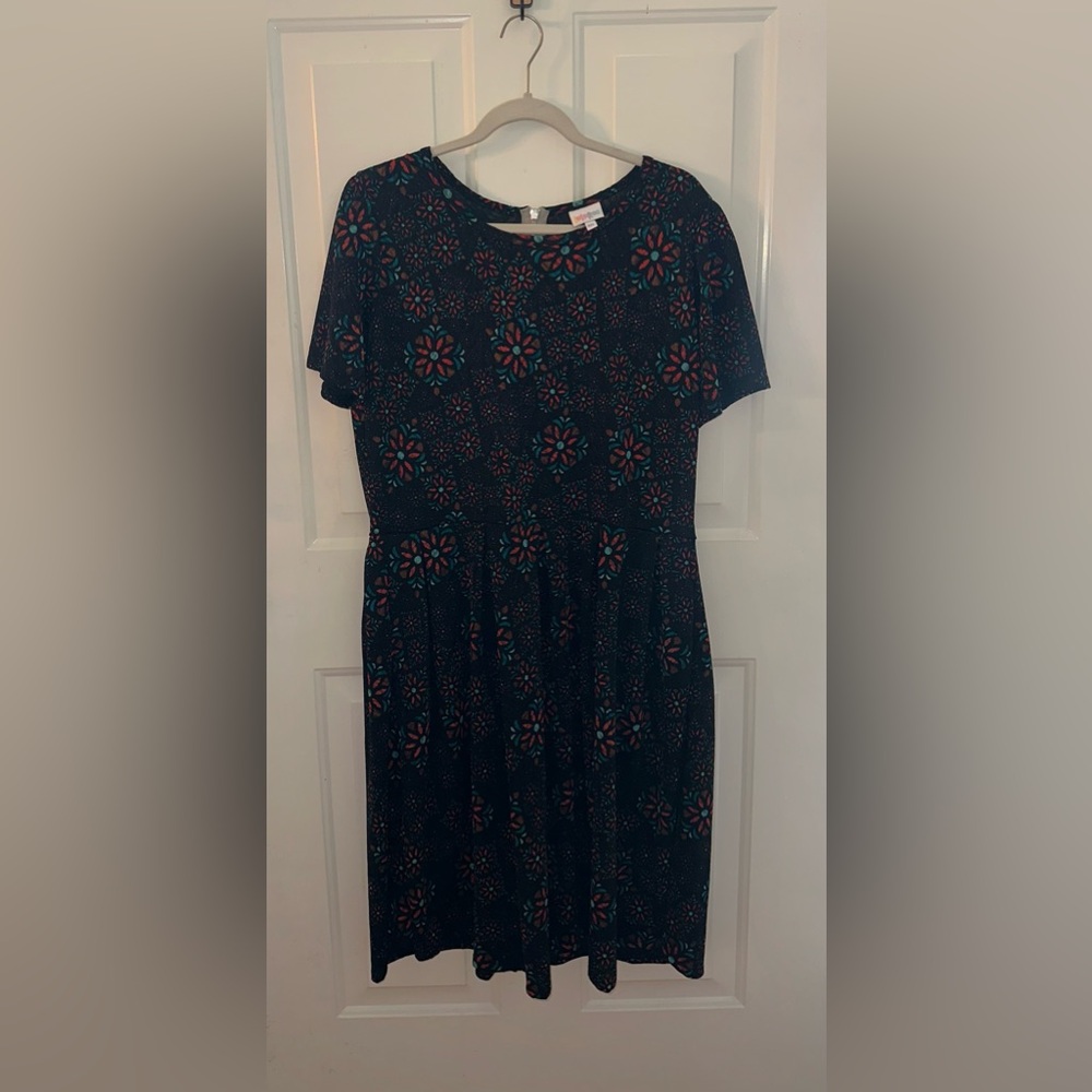 LuLaRoe Black Midi Dress with Teal and Coral Floral Medallions